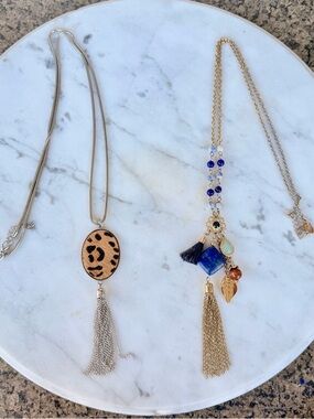 Bundle of Two Gold Multi-Charm Tassel Necklaces with Leopard Blue & Navy Accents